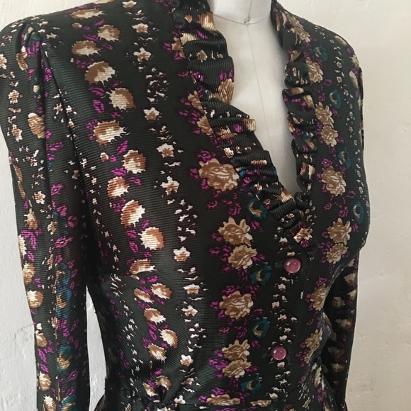 Vintage 70s Prairie Ruffle Floral Green Cottage Core Ruffle V-Neck Maxi Dress - Picture 3 of 8